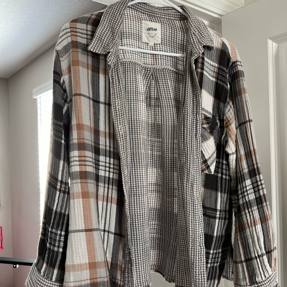 Aerie Plaid and Gingham Button-Up Flannel Shirt Gray Brown Beige White